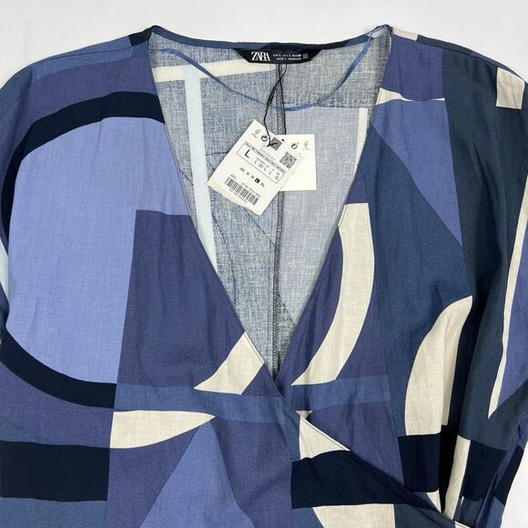 NEW Zara Navy Abstract Geo Print Linen Blend V Neck Cap Sleeve Top Women’s Large - Picture 3 of 8